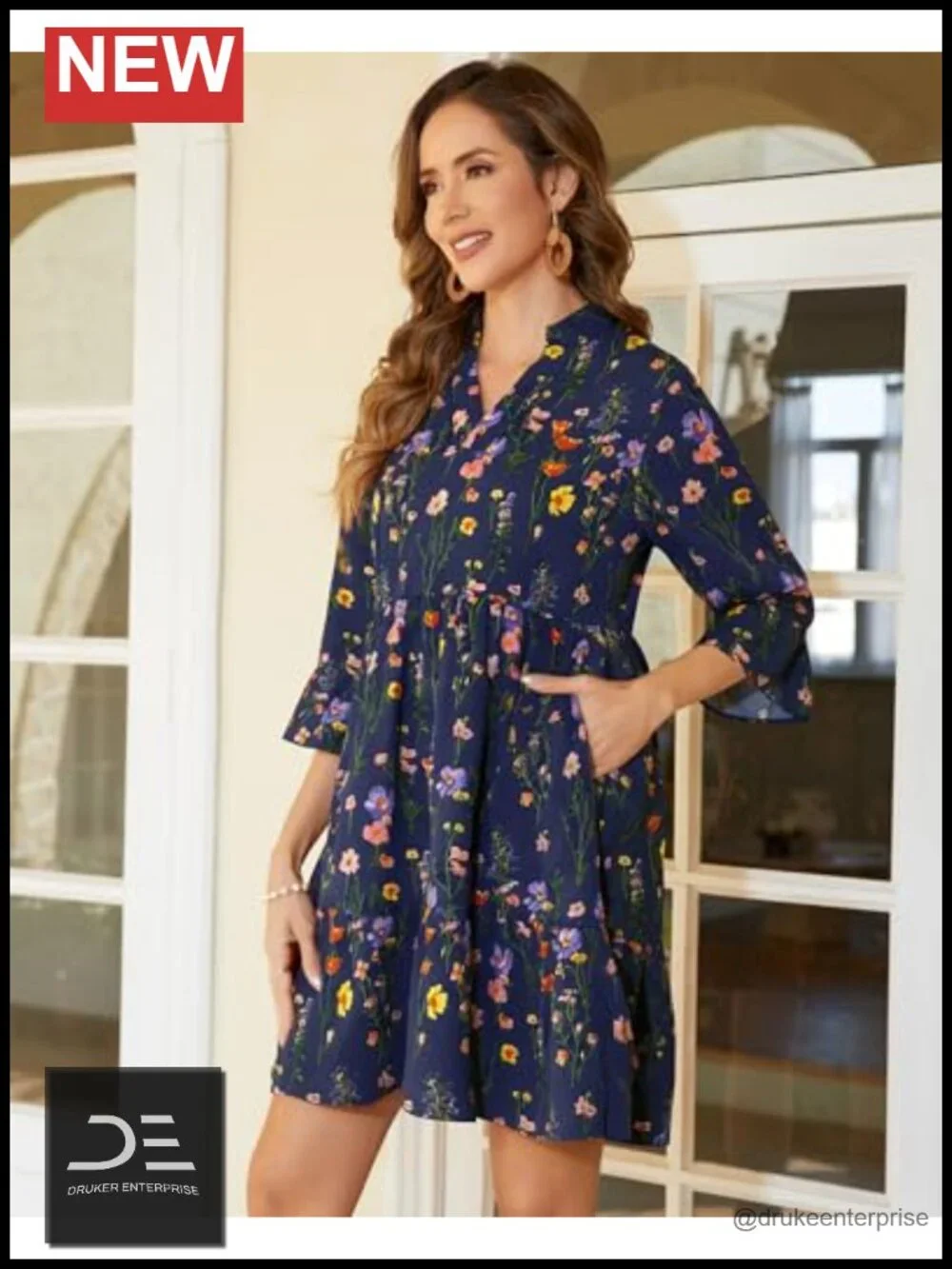Casual Summer Dress with Pockets 3/4 Ruffle Sleeve V-Neck Flowy A-Line Mini
